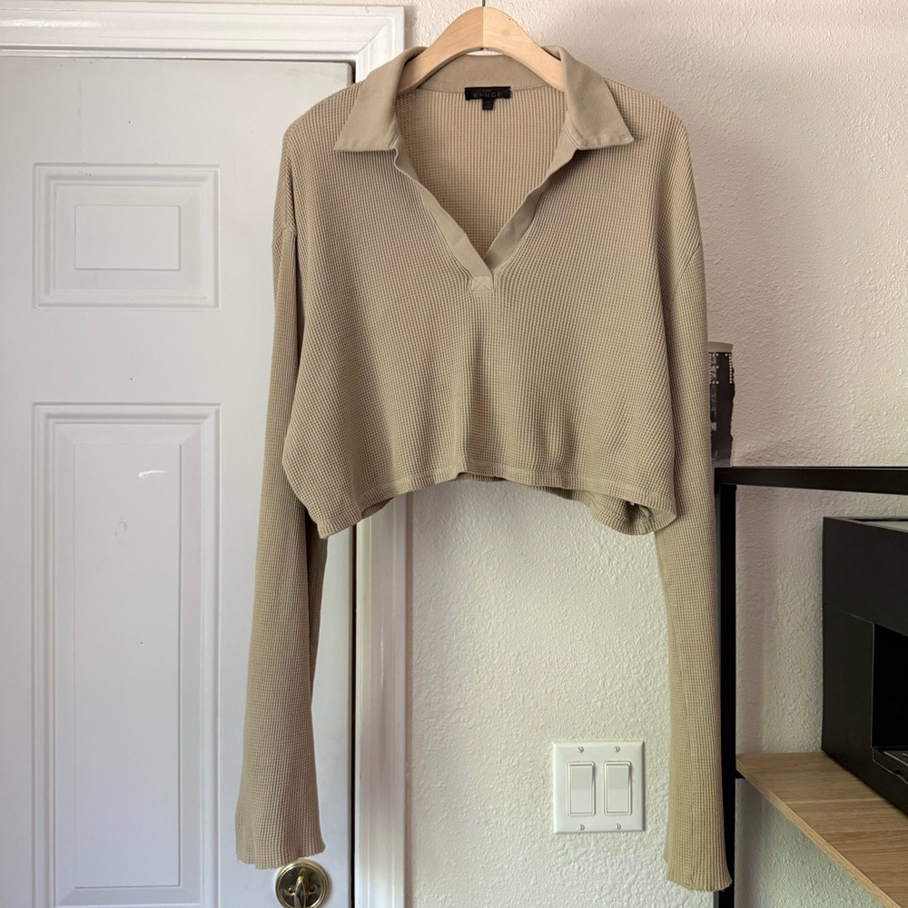 THE RANGE tan waffle thermal knit cotton popover polo cropped boxy long sleeve